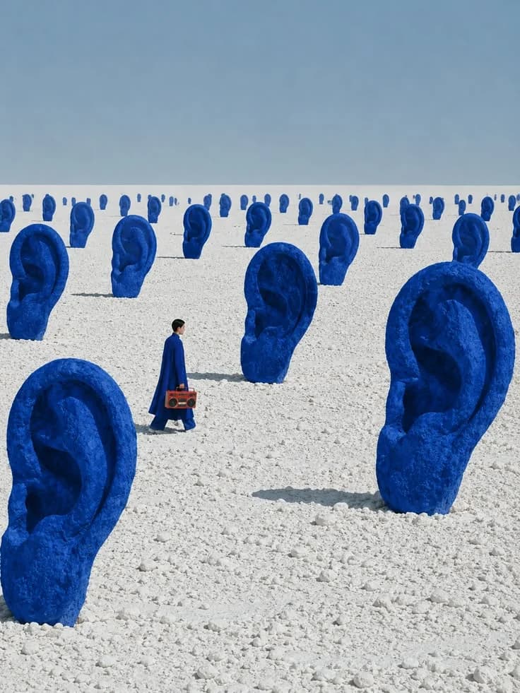 A field of tall blue sculpted ears rising from white sand under a pale sky, a lone figure walking among them