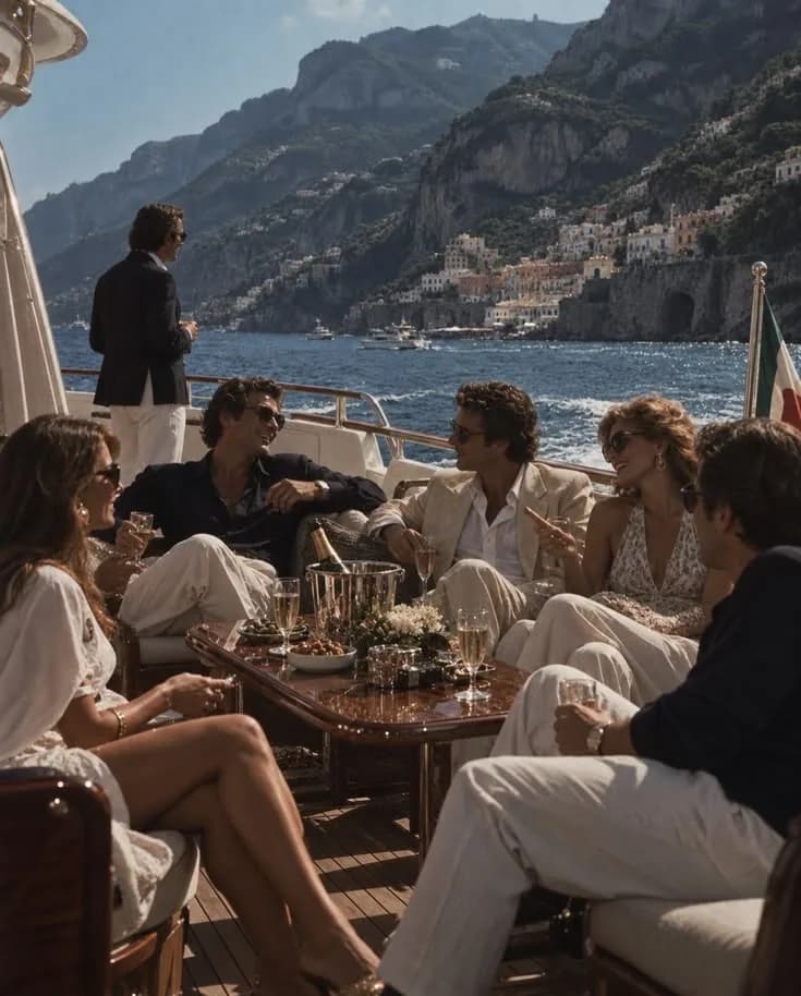 A long lunch on a terrace above a Mediterranean coastline, guests in linen around a low table