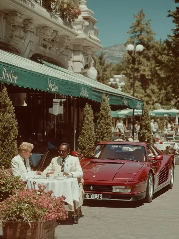 Two men in white dinner jackets take coffee at a pavement café on the Riviera, a red sports car parked beside their table
