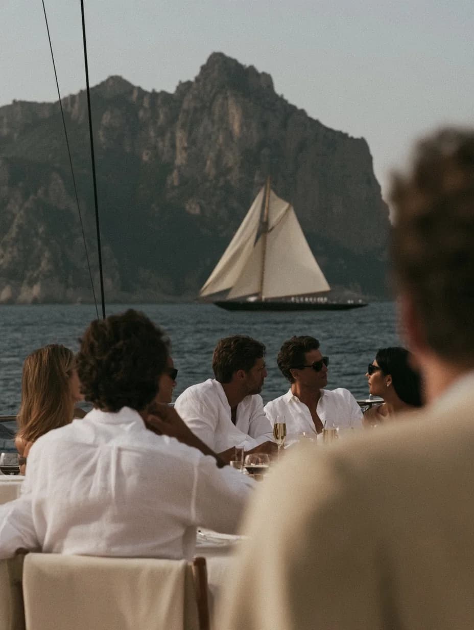 Guests in white linen at a long table on a yacht deck, a gaff-rigged sailing boat crossing in front of Capri's cliffs