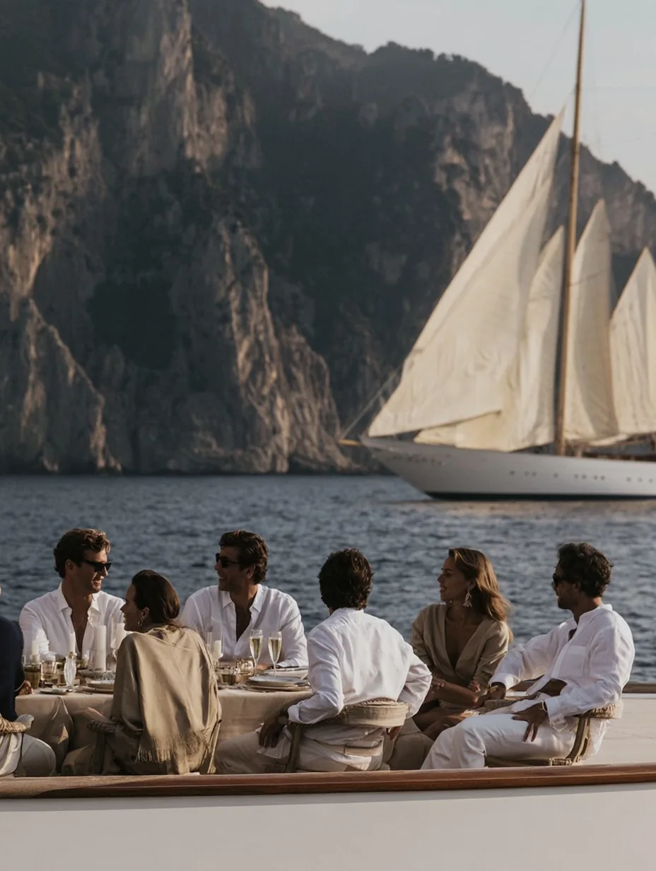 Friends at dinner on the deck of a yacht at golden hour, a three-masted schooner under full sail behind them
