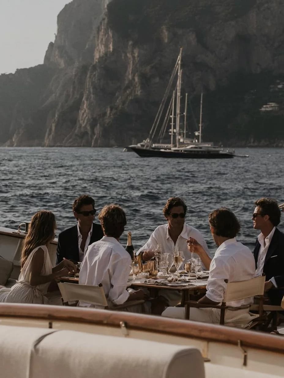 A table of friends with champagne on a yacht's aft deck, a large ketch anchored beneath the cliffs